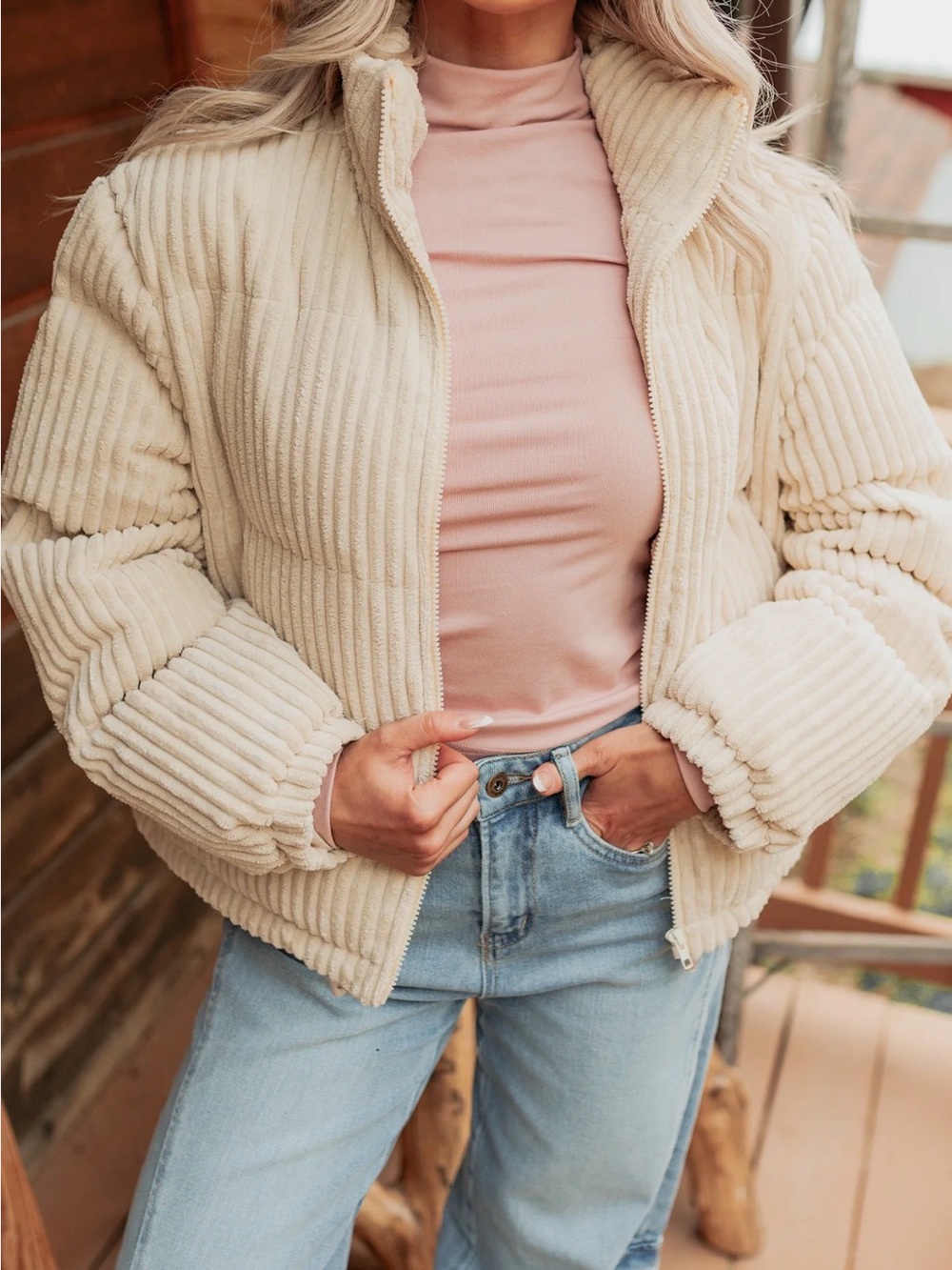Women's Cream Teddy Ribbed Jacket - Plush Zip-Up Coat